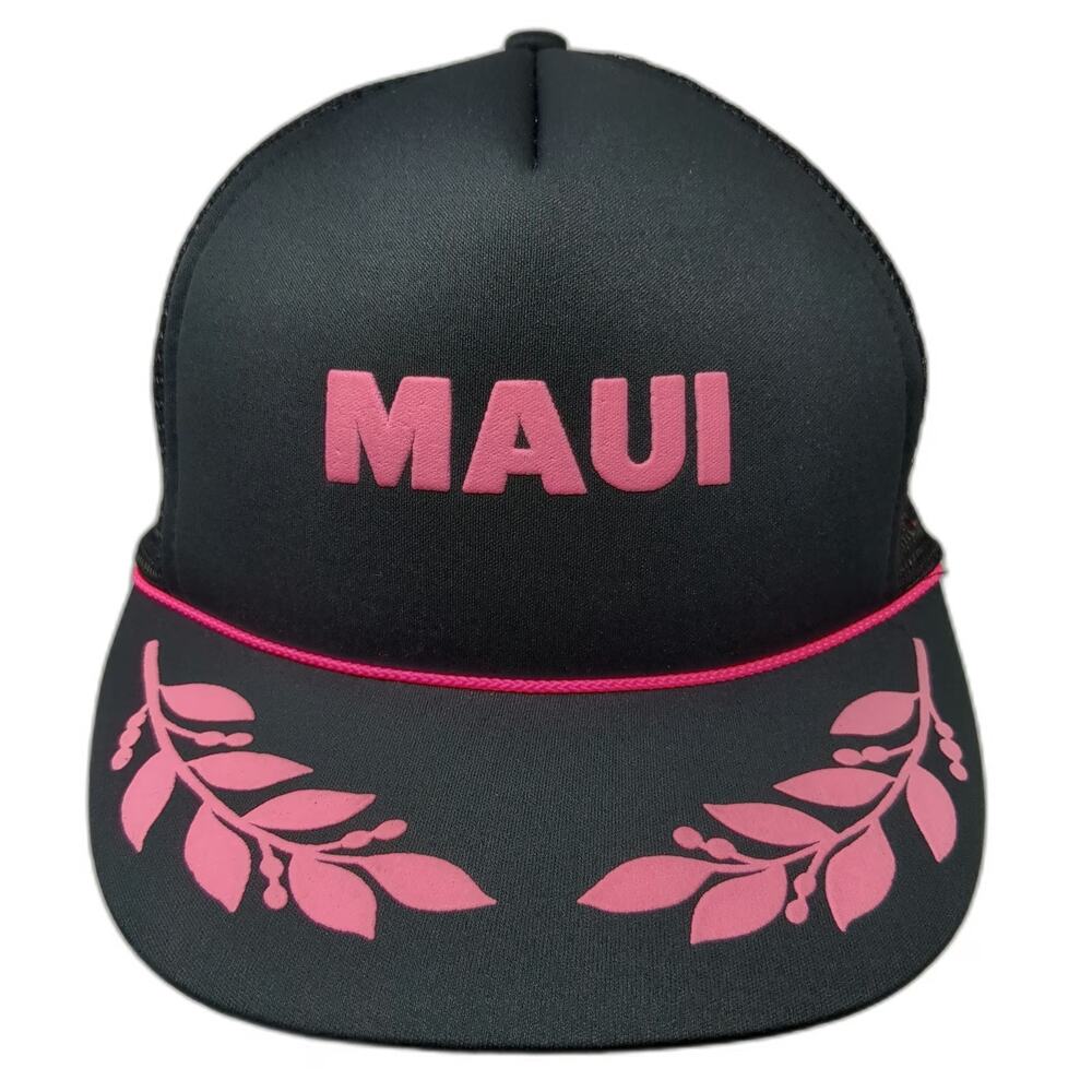 Hawaiian Headwear Trucker Hat Black One Size Maui Pink Rope Brim Graphics